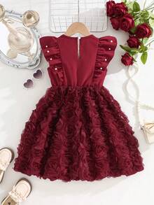 Glamorique Kids 春夏新款女童高端优雅连衣裙，酒红色纯色提花面料半裙，酒红色上衣饰以白色珍珠，无袖圆领收腰设计，适合女孩穿着，尽显高端优雅气质，适合日常、上学、外出、度假、派对、新年等场合，是优雅假日的理想之选。 - 酒紅色 - 查看 2
