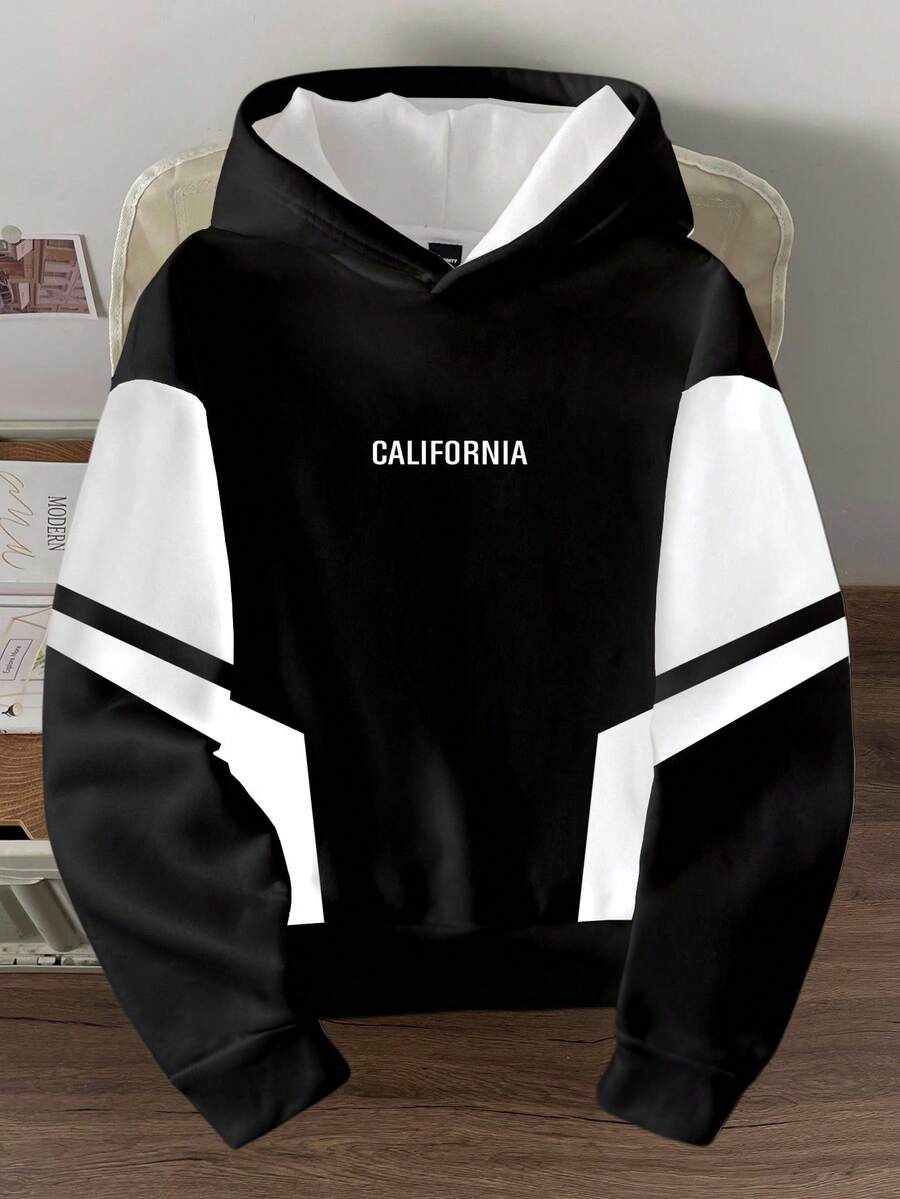 Manfinity Joysei Plus Size Men's Casual Black & White Patchwork California Graphic Fleece Lined Hoodie Sweatshirt - Multicolor - View 1