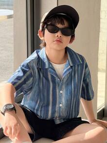 DAZY Tween Boy Striped Print Button-Front Short Sleeve Shirt - Blue - View 8