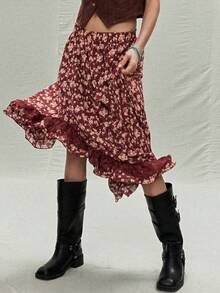 SoleilVie Women's Burgundy Floral Patchwork Lace Asymmetrical Hem Long Skirt,Summer Boho Vacation Style Western Free People Floral Print Skirts - Red - View 5