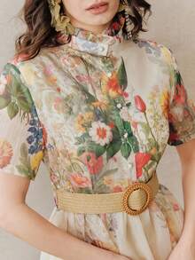 Anewsta 女士时尚浪漫杏色底印花开襟A字领荷叶边短袖收腰连衣裙，适合海滩度假穿着 - 彩色 - 查看 6