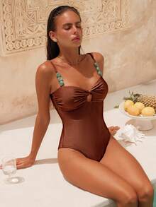 Swim Oasis Đồ bơi nữ, chất liệu vải màu nâu óng ánh với họa tiết vân đá cẩm thạch, thiết kế đính cườm thanh lịch, trang phục nghỉ dưỡng thường ngày thời trang, bộ đồ bơi một mảnh gợi cảm và tinh tế kèm váy maxi. - Rỉ Nâu - Xem 6