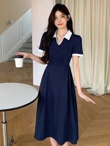 DAZY Robe mi-longue plissée à col polo blocs de couleurs pour femmes, robe chemise de plage, robes décontractées pour femmes - Bleu marine - Voir 11
