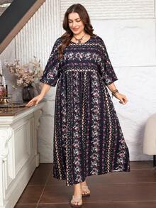 Lacomfia Damen Große Größen Lässig Blume Muster Locker Langes Kleid, Frühling/Sommer - Schwarz - Übersicht 5