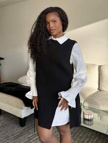 Tyla Gomez 2pcs/Set Spring White Lantern Sleeve Blouse & Loose Fit Open Front Knit Vest, Women Layered Outfit Fall Winter Cloth For Women - Black - View 1