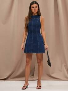 SHEIN BAE Women's Casual Backless Tie Strap Denim Dress, Summer - Dark Wash - View 4