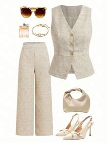Editum Bộ đồ nữ gồm áo khoác cardigan không tay cổ chữ V và quần ống đứng, chất liệu vải tweed kaki thanh lịch, phù hợp mặc hàng ngày, đi làm, thời trang mùa thu, đông, đầu xuân. Áo khoác không tay, chất liệu vải giống như vải lanh, quần ống đứng, bộ hai mảnh cho mùa xuân/hè, phù hợp đi làm. Áo khoác và quần lanh, bộ đồ lanh nữ, trang phục lanh, bộ đồ mùa hè, bộ hai mảnh lanh. - Màu Khaki - Xem 2