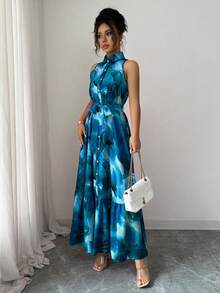 Elenzga Women's Casual Floral Print Button Front Ruffle Hem Sleeveless Dress, Summer - Blue - View 6