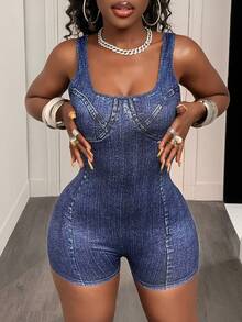 BamGleam جمبسوت نسائية بدون أكمام من نسيج محبوك ذات تأثير الجينز - متعدد الألوان - مشاهدة 3