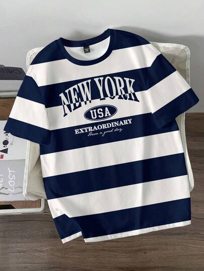 Manfinity Joysei 复古美式学院风错位字体撞色条纹数码印花时尚休闲青年风男士标准版型圆领短袖T恤，适合约会、聚会等场合，是必备单品，也适合情侣、家庭亲子装，是送给男友的绝佳礼物。