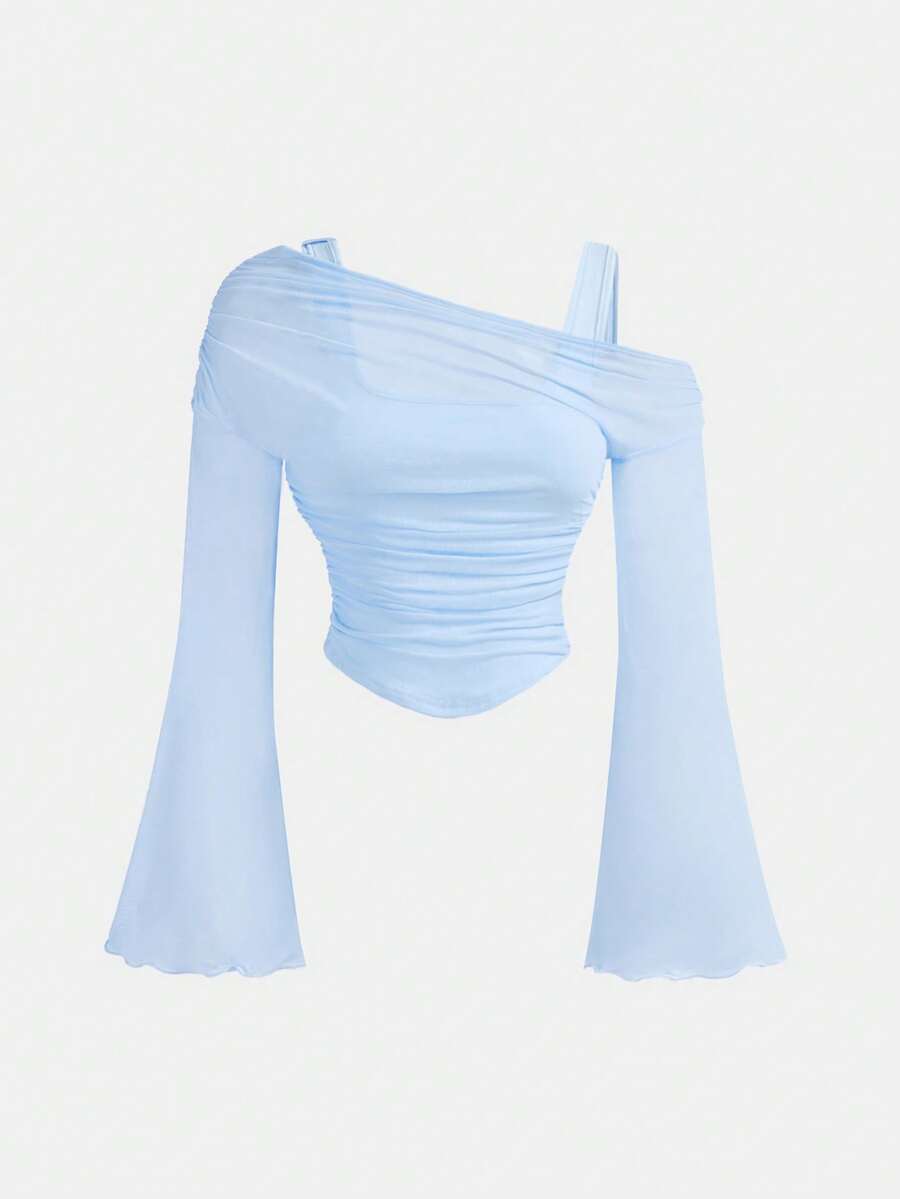 Girlism Blusa de manga larga con hombros descubiertos y mangas acampanadas, de estilo retro occidental y elegante, para adolescentes - Celeste - Ver 1