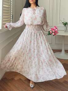 Đầm maxi cỡ lớn, cổ tròn, cổ đứng, cổ chữ V nhỏ, viền bèo nhún, nơ thắt cổ, kiểu dáng thanh lịch retro dễ thương, chất liệu chiffon in hoa, thích hợp cho kỳ nghỉ. - Nhiều màu - Xem 3