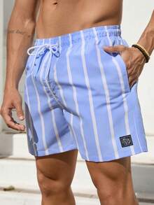 VIVINTIMO Men's Palm Tree & Striped Drawstring Waist Beach Shorts - Baby Blue - View 3