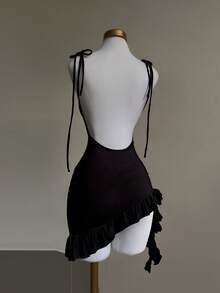 Franclia 女士性感优雅浪漫度假风不对称下摆荷叶边露背吊带紧身连衣裙 - 黑色 - 查看 2