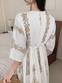DAZY Women's V-Neck 3/4 Sleeve Waist Cinched Vacation Style Embroidered Maxi Bohemian Dress - Gold - View 7