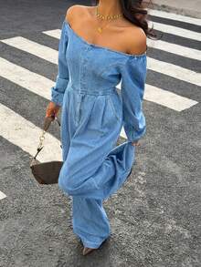 Siren Gaze Women's Fashion Casual Denim Off Shoulder Jumpsuit - Medium Wash - View 3