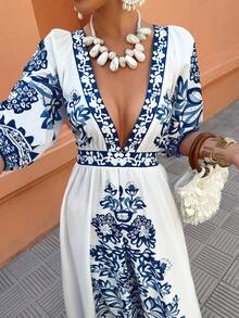 Selianne Women's Vacation Floral Print A-Line V-Neck Dress, Casual Vacation Dress, Blue & White Vacation Print - Multicolor - View 5