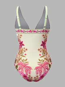 SHEIN Swim Oasis 女士优雅休闲波西米亚风中式蓝白热带棕榈树花卉印花连体泳衣及沙滩罩衫套装，适合海滩度假 - 彩色 - 查看 5