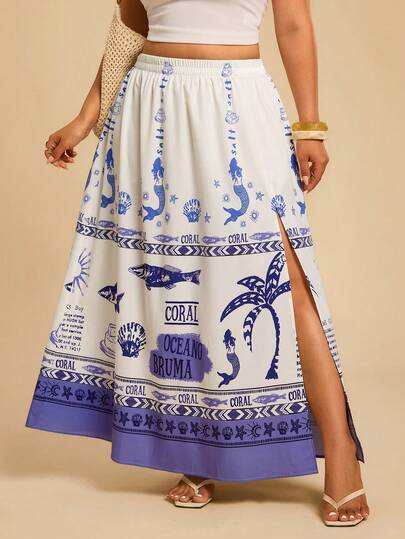 Travachic Plus Size Women's Blue & White Ocean Themed Fish Print Elastic Waist A-Line Front Slit Skirt, Casual Spring Outfit Women Summer Holiday Outfits Beach Outfit For Women Vacation Outfits Sardine Pattern Fish Pattern,Mermaid Print Skirt