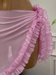 Bellisia Women's Summer Beach Vacation Mesh Frill Trim Wrap Tie Sarong Skirt - Pink - View 7