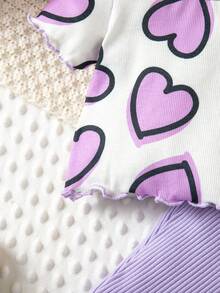 SHEIN Babygirl Vacation Casual Cute Heart Pattern Knit Short Sleeve T-Shirt & Elastic Waist Pants Set - Purple - View 6