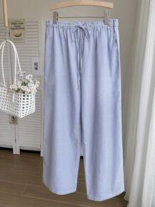 Comfortcana Quần dài mặc nhà dáng rộng, kẻ sọc xanh trắng, có dây rút, cỡ lớn, thích hợp cho mùa xuân/hè. - Xanh và trắng - Xem 3