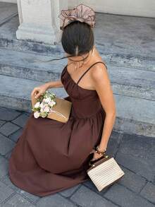 Cévolie Đầm nữ mùa hè kiểu Pháp lãng mạn mới, không dây vai, thắt eo, dài đến đầu gối. - Màu nâu  Mocha - Xem 7