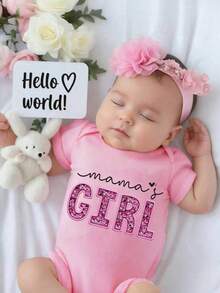 Infant Girls' Casual Fashionable Creative Personality Refreshing Minimalist Cute Heart-Shaped Shiny Letter Graphic Print Romper, Comfortable Daily Wear Cozy Summer Styles Suitable For Spring/Summer - Pink - View 5