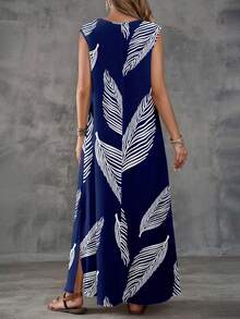 SHEIN LUNE Boho Chic Sleeveless V Neck Blue Woven Fabric Tunic Long Dress With Random Print And Slit Blue Maxi Dress Women Maxi Vacation Dress Women Vacation Dress Beach Long Dress Casual Long Dress ,Summer Dress - Blue - View 2