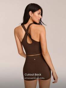 GLOWMODE FeatherFit™交叉肩带露背深V领背心，适合低强度瑜伽日常穿着，秋冬季适用。 - 棕色 - 查看 2