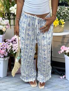 GalTyme 大码休闲棉质长裤，系带松紧腰，蓝白海洋印花，适合日常、外出、度假、约会、通勤、返校等场合。 - 彩色 - 查看 6