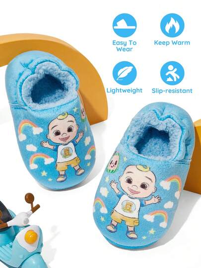 CoComelon X SHEIN Cute Cartoon Blue Boys Children Boys Non-Slip Indoor Slippers Toddlers & Kids Soft Plush Warm Winter House Shoes, Lightweight And Durable, Anti-Slip Silicone Dots,Home Bedroom Air-Conditioned Room Spring, Autumn And Winter