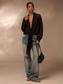 SHEIN PETITE Mesh See-Through Blouse, Vacation Style Women Shirt, Casual Blouse Top - Black - View 3