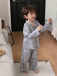 DAZY 男童舒适可爱印花长袖衬衫长裤睡衣套装，秋季款 - 灰色 - 查看 3