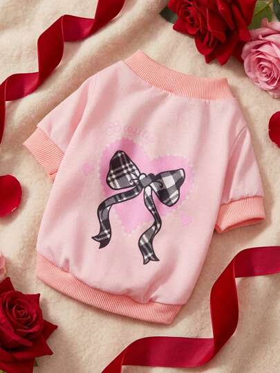 PETSIN 1件印花黑白格子蝴蝶结卫衣，厚实保暖，适合秋冬季节，粉色配色。