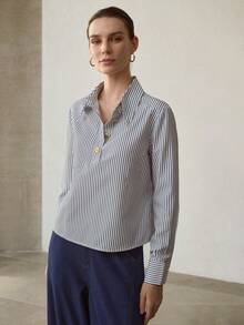 MOTF PREMIUM 条纹印花半扣衬衫 - 黑與白 - 查看 4