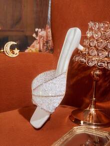 CUCCOO TILAWA 时尚尖头小猫跟白色全水钻透明果冻一体式套脚凉鞋，时尚迷人性感派对中跟凉鞋，女士 - 白色 - 查看 6