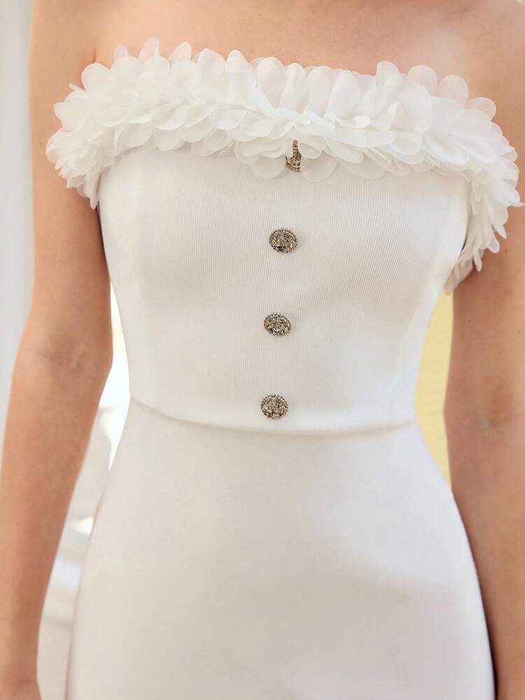 2025 WOMEN'S STRAPLESS WAIST APPLIQUES TRIM SPLIT THIGH ELEGANT DRESS