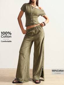 Bohemela 2pcs Women Summer Casual Asymmetrical Shoulder Top And Side Button Wide Leg Pants Set - Green - View 1