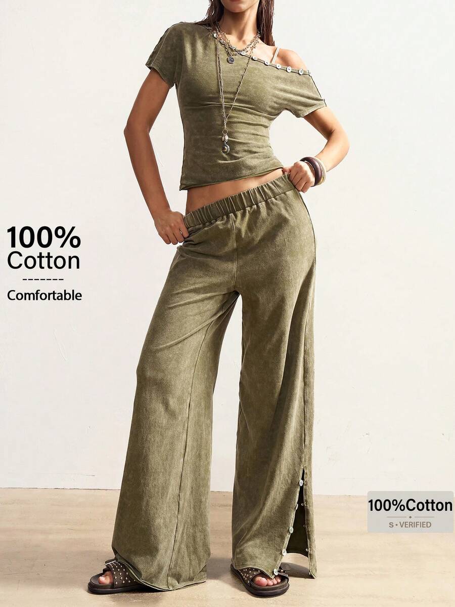 Bohemela 2pcs Women Summer Casual Asymmetrical Shoulder Top And Side Button Wide Leg Pants Set - Green - View 1