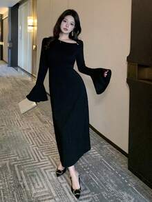 DAZY 浪漫斜襟喇叭袖修身中长连衣裙，女士春季长款连衣裙 - 黑色 - 查看 8