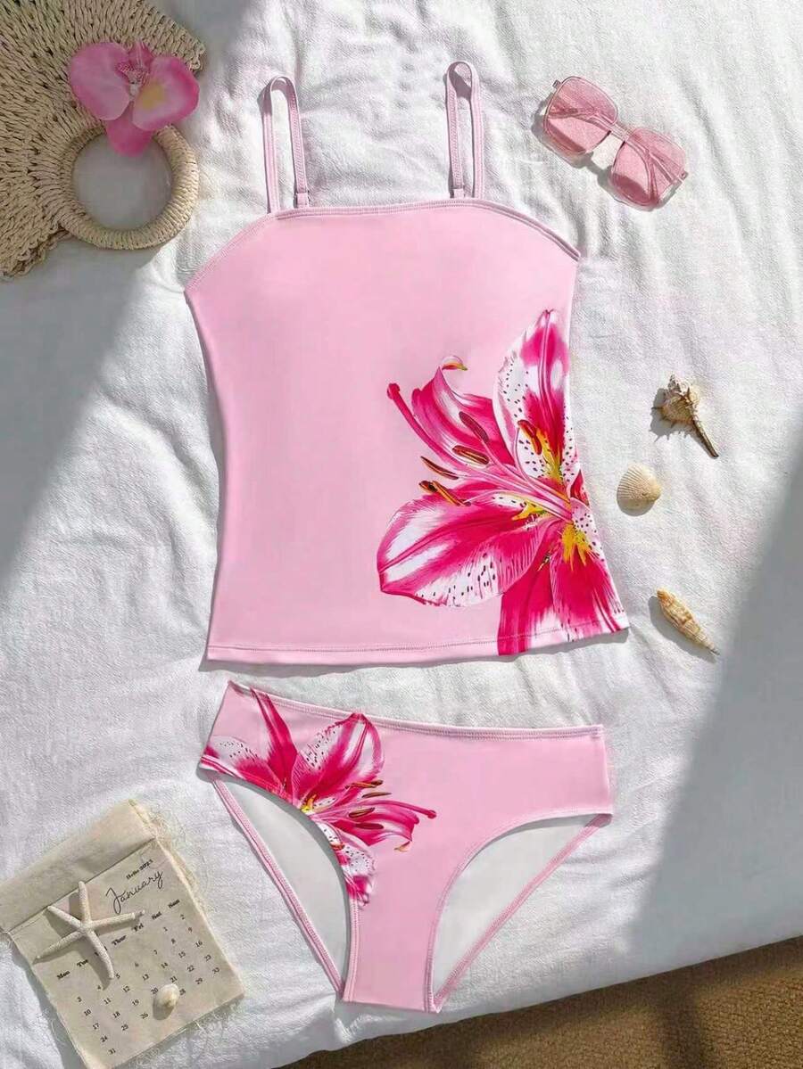 SHEIN 少女两件套 Tankini 泳衣套装,2025 年新款黑百合花卉印花休闲背心和短裤套装,优雅精致的设计,适合游泳、度假和夏季 - 粉色 - 查看 1