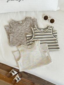 SHEIN 3件套男女宝宝休闲纯色无袖连体衣和短裤套装，婴儿服装套装，春夏款 - 杏色 - 查看 6