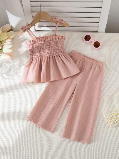 Souflis Souflis Baby Girls Solid Color Spaghetti Strap Ruffle Hem Woven Summer Fashion Camisole Top Set