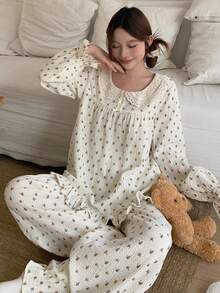 DAZY 碎花荷叶边领波点纹理雪纺面料荷叶边女士睡衣套装 - 白色 - 查看 12