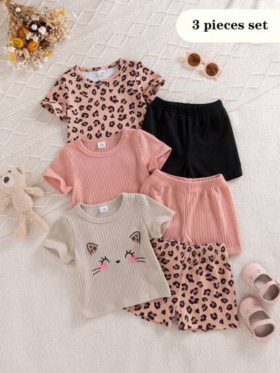 SHEIN 6件套女婴夏季休闲简约可爱甜美棕色豹纹短袖圆领T恤上衣，粉色和杏色短袖圆领T恤上衣搭配同色短裤，3套服装，适合上学和日常穿着