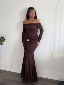 Tyla Gomez 露肩长袖长裙度假夏季春季浪漫婚礼宾客毕业典礼、舞会假日婚礼宾客、优雅、生日、教堂、夜间外出圣诞派对秋季 - 咖啡 - 查看 5