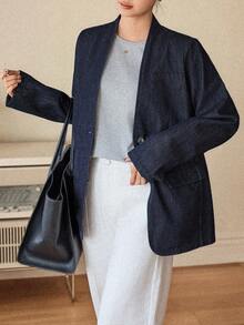 DAZY Women's V-Neck Loose Long Sleeve Casual Denim Jacket - Dark Wash - View 2