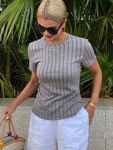 DAZY Women's Round Neck Waist Cinched Short Sleeve Casual T-Shirt, Textured Fabric - Grey - View 5