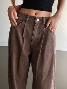 DAZY 女士常规腰围褶裥长款宽松休闲牛仔裤 - 棕色 - 查看 5